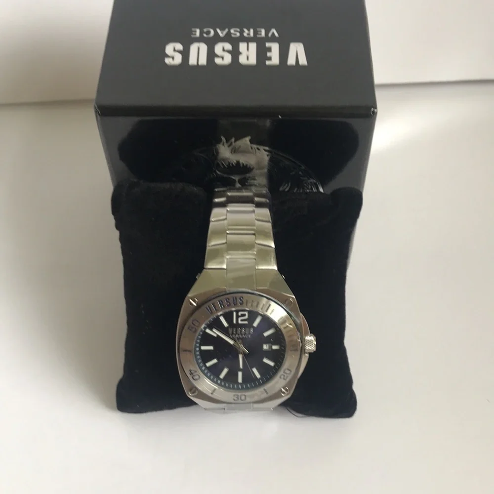 Versus Versace Silver Stainless Steel Watch with Deep Blue Dial